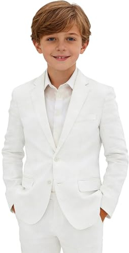 Mosedou White Linen Suit for Boys Formal Slim Fit Tuxedo Suit Teens Kids Summer Outfits Lignt Weight Boys Suit Beach Wedding Outfit Size 10
