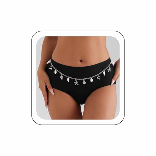 Cybche Boho Seashell Conch Waist Chain Seashell Starfish Belly Chain Silver Belt Summer Beach Bikini Body Chains Ocean Trinkets Waist Body Jewelry Bikini Accessory for Women