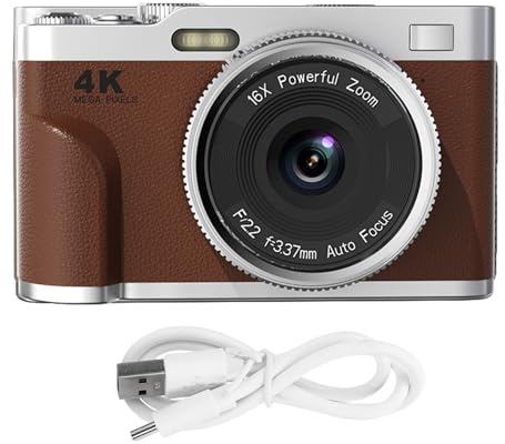 Fockety Cámara Digital 4k, 48MP Autococus 16x Zoom Cámara de Viaje Compacta Pantalla de 2.8 Pulgadas con Tarjeta Memoria de 32 GB, Video Fotografía Vlogging Principiantes Adolescentes (Brown)
