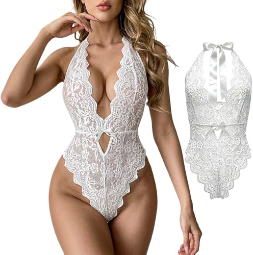 ZeaMolly Women's Bodysuit Sexy Lingerie Halter Neck Bow Tie Teddy Underwear Deep V Hollow-out Transparent Babydoll Leotard Naughty Sleepwear Floral Soft Lace Backless Female Chemise Negligee