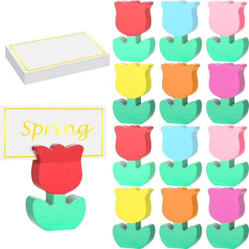 Gueevin 12 Sets Spring Wooden Tulips Flowers Ornament Place Card Holders with Name Cards Photo Holders Farmhouse Windowsill Decor for Home Easter Party Dining Rustic Shelf Mantel Tiered Tray Tabletop