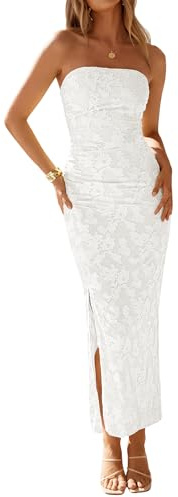 ZESICA Women's 2026 Summer Floral Strapless Maxi Sun Dress Bodycon Beach Vacation Wedding Guest Formal Cocktail Party Dresses, White, M