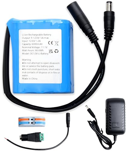 Batería recargable de iones de litio de 6000 mAh, 12 V, adecuada para cámara, reproductor de MP3, videocámara, teclado electrónico, cámara CCTV, router, panel solar, etc. (incluye cargador y conector)