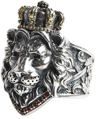 Vintage S925 Sterling Silver Lejonhuvud med Kronringar, Modige Lejonkungen Justerbar Öppen Ring, Djursmycken för Herr
