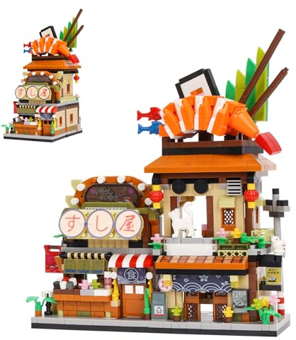 Geniteen Mini Set de Blocs de Construction de Sushi Japonais, 1117 Pièces Jouet Créatif de Maison de Ville MOC Modèle de Rue Décoration de Maison pour Adultes (Restaurant de sushis)