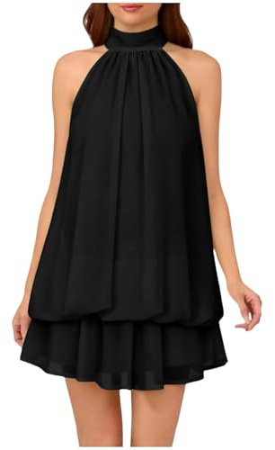 Générique Robe Femme Halter Mini Dos Nu Noué Ourlet Volant Taille Tombante Bubble – Robe Invitée Mariage Soirée Cocktail – Chic Élégante Tendance Fluide – Idéal Fête Rendez-Vous Vacances Dîner