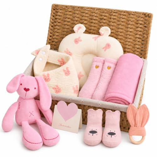 Nyfödd gåva 10-delad baby gåva flicka och pojke (rosa) | Baby flicka presentset med gosefilt, haklapp, strumpor, triangulär halsduk och trä rottle etc.