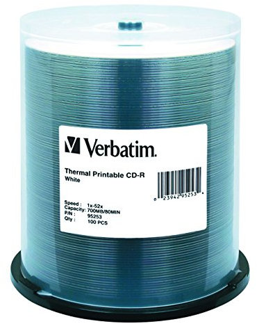Verbatim 700MB 52x 80 Minute White Thermal Printable Recordable Disc CD-R, 100-Disc Spindle 95253