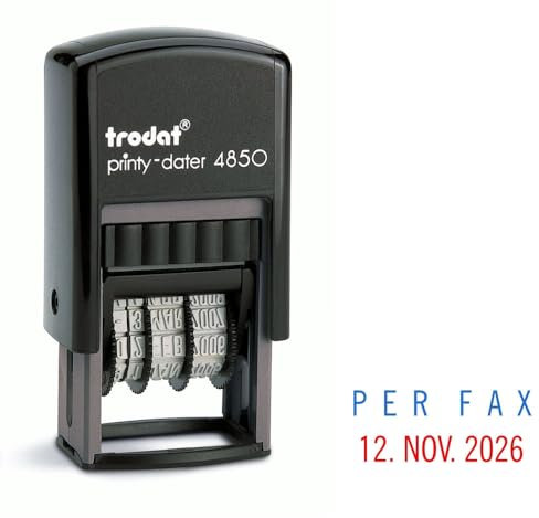 Trodat Printy Dater 4850 Datumstempel mit 2farbigem Kissen blau/rot + Wunschtext, Stempeltext:P E R F A X