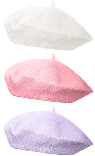 HESTYA 3 Pcs Wool Beret Hat French Style Wool Beanie Cap Solid Color Winter Hat for Women and Girls Casual Use (White,Pink,Purple)