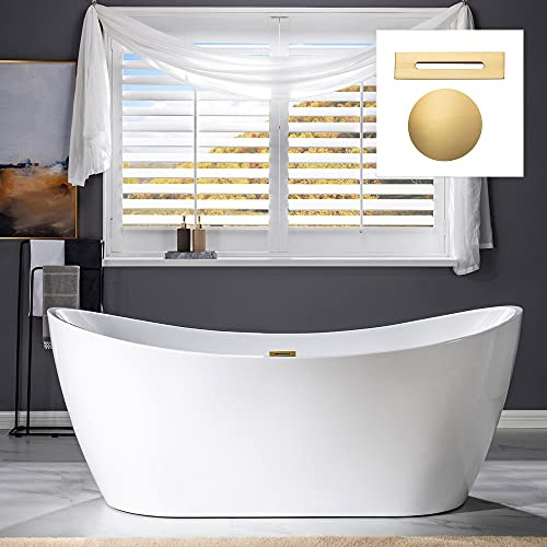 WOODBRIDGE 71Freestanding White Acylic Soaking Bathtub with Brushed Gold Drain and Overflow,BTA1517 -BG-Drain &O