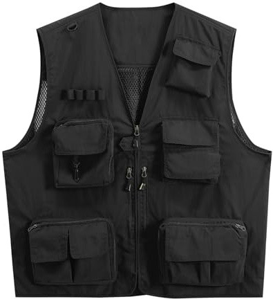 YOUTHUP utomhus safari ytterkläder väst jakt vandring fiske flerficks lastväst snabbtorkande fotografi nät väst topp, Svart, 3XL