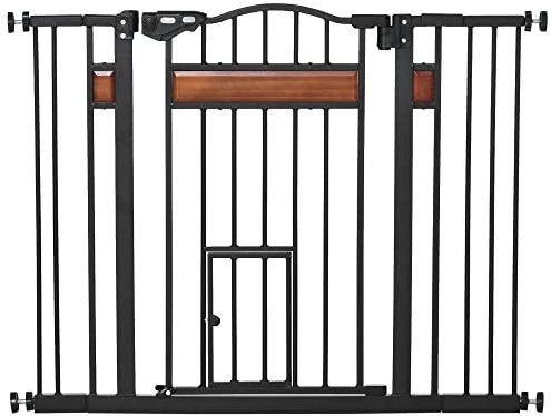 PawHut Dog Gate Pet Safety Gate W/ Cat Door Auto Close Pine Decor 74-105 centimeters Wide