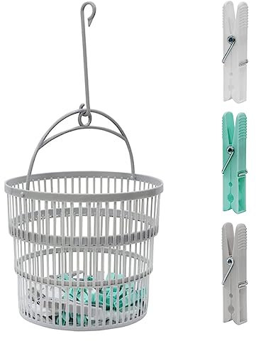 Peg Basket with 50 Pcs Clothes Pegs for Washing Line - Collapsible Plastic Bucket with Hanger and Hanging Hook - Strong, Durable Construction with Spacious Size