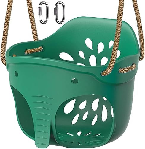 BeneLabel Swing Seat, Elephant Shape, Green, Soft Bucket Tree Swing, High Support Back, Adjustable 130-200cm Rope, Up to 600lbs, 1-3 Years Toddler/Kid