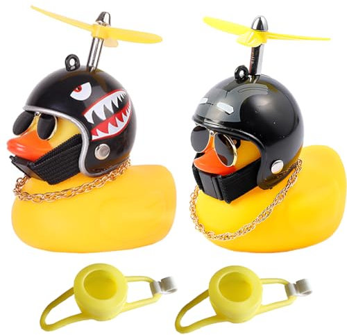 CJZZ 2 Stück Fahrrad Quietscheente mit Helm, Die süße Fahrradhupe mit Helm und Propeller, Fahrradhupe Kinder, Quietscheente Lustig, Mit Riemen und Spurlosem Kleber