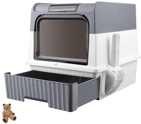 Arenero para Gatos, Caja Arena con Bandeja Extraíble, Pala, Cepillo, Espacioso para Gatos Grandes, Carga de 15 kg, Antifiltración, Antiescapes, 49 * 37 * 35cm-Gris