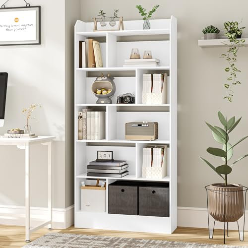 Hzuaneri Bücherregal, Bücherschrank, mit 6 Fächern, Aufbewahrungsregal, Standregal, für Wohnzimmer, Büro, Schlafzimmer, 24 x 80 x 170 cm, Weiß BC22803X