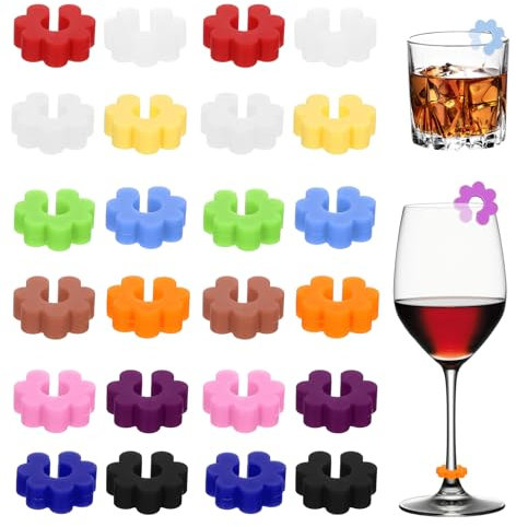 CPYJW 24 Pezzi Segna Bicchieri Calici, Identificatore Del Bicchiere Di Vino Riutilizzabili Marcatori Segnabicchieri In Silicone Per Feste Decorazioni Uso Domestico Pennarello Vetro Vino Multicolore