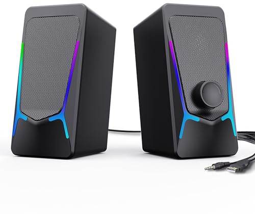 ROSON Altavoces para computadora, altavoces de PC para juegos con control de graves y volumen mejorados, estéreo 2.0 alimentado por USB, altavoces multimedia auxiliares de 3.5 mm para portátil