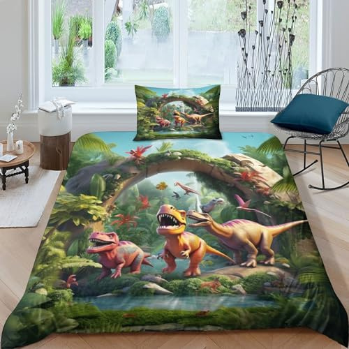Dinosauro Microfibra Copripiumino Lenzuola Letto Motivo Per Bambini Adulto Set Biancheria,Matrimoniale Con 2 Pezzi Dinosauro selvaggio Copripiumino,Anti-acaro Facile Da Curare Singolo（135x200cm）