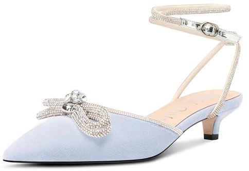 NobleOnly Femmes Diamant Nœud Papillon Escarpins Kitten Talon Heel Fermé Pointu Bout Lanières Cheville Escarpins Mariage Dress Chaussures 3.5 CM Heels Bleu Clair 45 EU