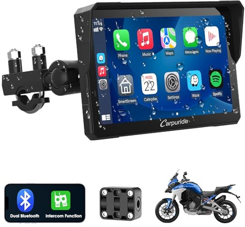 Carpuride W702 Pro Motorrad Carplay Bildschirm mit Gegensprechfunktion, Kabellos CarPlay und Android Auto, Tragbarem Wasserdichtem 7 Zoll Touchscreen, Verbessertem Dual Bluetooth, Navigation, Kompass.