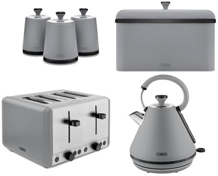 Tower Sera 1.7L 3KW Pyramid Kettle, 4 Slice Toaster, Breadbin & Canisters Set in Grey with Smoked Black Trim. Contemporary Matching Tower Grey Kitchen Bundle Set of 6