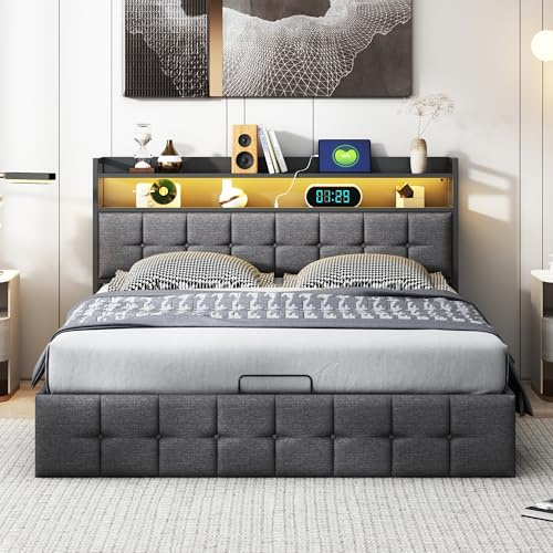 DADEA Förvaringssäng, 160 x 200 cm, med sängbord, vadderad säng med förvaring och LED-belysning och USB-laddning, LED-sängram med sänggavel för 2 personer, vuxensäng, grå