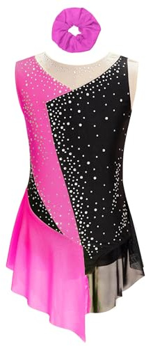 JEATHA Maillot De Danza Baile Brillantes Niñas Maillot Sin Manga con Malla Transparente Vestido De Patinaje Artístico Gimnasia Ropa De Bailarina