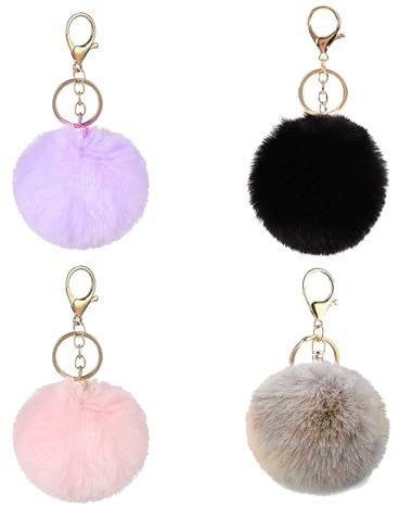 4 Stück PomPom Schlüsselanhänger,Plüsch Schlüsselanhänger,Flauschige Pom Poms Taschenanhänger,Weicher Plüsch Niedlich Keychain für Handtasche Schlüssel Auto Anhänger Damen Dekoration für Mädchen