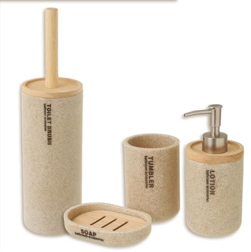 Relax World Set 4 Pezzi Accessori per il Bagno in Poliresina è Legno di bambù,con Portascopino,Dispenser di Sapone,Portasaponetta,Bicchiere.
