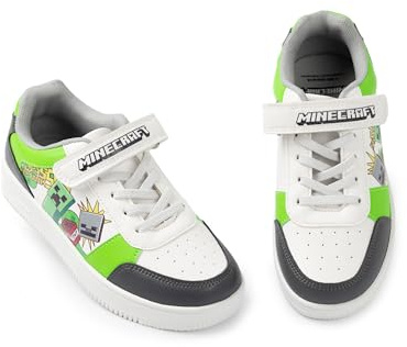 Minecraft Baskets Creeper pour garçon, Blanches, Vertes et Noires | Fermeture à Scratch | Chaussures décontractées pour Enfants | Motif Blocs