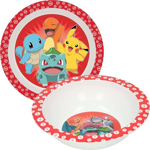 Lot de 2 assiettes et bols Pokémon pour enfants, 350 ml, sous licence officielle, sans BPA, réutilisables, motif dessin animé, pour tout-petits, garçons et filles à partir de 3 ans