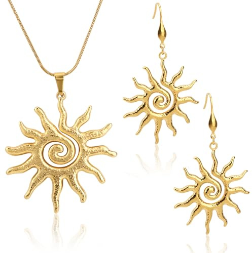 Mikovivi 2pcs Gold Jewelry Set for Women, Trendy Sun Pendant Necklace and Earrings Set Statement Lightweight Sunburst Dangle Drop Earrings Charm Necklace Gifts for Women Prom Holiday