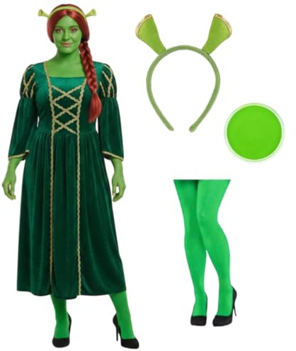 Princess Ogre Costume for Adults – Green Fiona Princess Dress with Ogre Ears, Plait Wig, STD Green Tights & Face Paint – Perfect for Fairy Tale, Movie & Halloween Fun - Standard UK 10-14