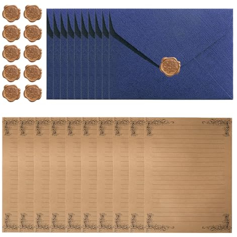 Gativs Vintage Carta da Lettere con Busta, Carta da Lettere Vintage con Busta, 10 carta da Lettere Cancelleria con 10 Busta, 10 A5 e Adesivi Sigillo Di Cera, per Scrivere Disegni Inviti di Nozze