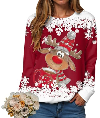 Noel Sweatshirt Femmes Pull De Noël Femme Noël Sweat Rigolo Femmes Drole Sweats Rigolo Sweatshirt Manches Longues Ample Sweater Christmas Funny Pullover (Red #3, M)