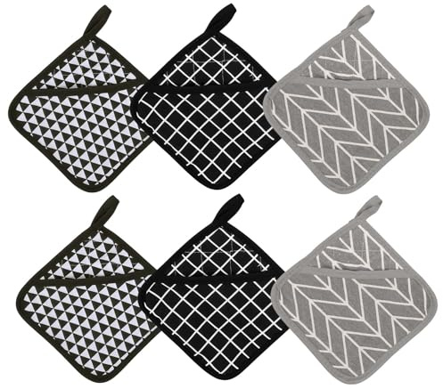 LUMOOM Set di 6 presine in cotone, resistenti al calore, presine quadrate con tasca, in cotone riciclato, imbottite, presine protettive lavabili per forni, cucina