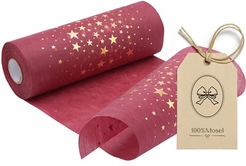 100%Mosel Runner da tavolo in tessuto non tessuto, in rosso bordeaux, stelle in oro (20 cm x 25 m), fascia da tavolo decorativa, elegante decorazione da tavolo per Natale e Avvento