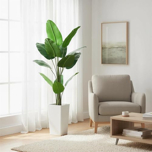 4.8FT Artificial Banana Tree, Fake Potted Tropical Tree, Decorative Evergreen Tropical Plant with White Tall Planter for Living Room Entryway Porch Office