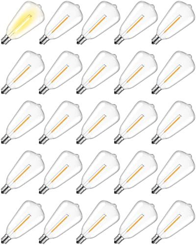 Hcnew 25 bombillas LED solares de repuesto E12 ST38, 2700K blanco cálido, 1 W equivalente a 5 W, CC 24 V, irrompibles e impermeables, para luces de hadas, fiestas, patios, jardines, bodas