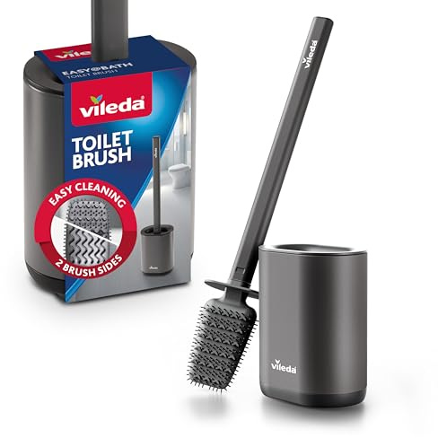 Vileda Silikontoalettborste med flexhuvud, handtag i rostfritt stål och väggfäste – toalettborste med 2-i-1 rengöringszoner och skydd – hygienisk snabbtorkande rostfri – grå