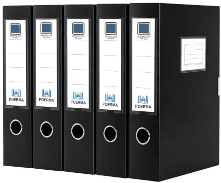 POERMA Lot de 5 Boîtes de Classement A4 en Plastique, Dos de 55 mm (Noir) | boîtes de Classement A4 en Plastique avec Couvercle, Boîte de Rangement Pliable, Boite à Archive pour Bureau école