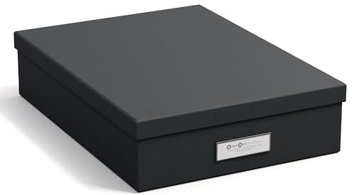 Bigso Box of Sweden Document box for A4 paper, Brochures and Notes - Box with Lid and Leather Handle - Fibreboard and Paper Box Storage with Lid - Black
