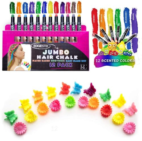 KC Republic Hair Chalk for Kids Jumbo Hair Chalk Pens Washable Hair Color Temporary Dye for Girls Safe Scented Barbie Girls Chalk Hair Birthday Cosplay DIY, Halloween, Christmas Gift 12 Bright Colors