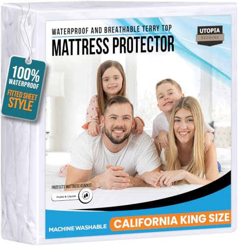 California King Size Mattress Protector Waterproof, Premium 200 GSM Terry Mattress Cover, Soft & Breathable Bed Cover, Fitted Sheet Style Stretchable Deep Pockets 17 by Utopia Bedding (White)