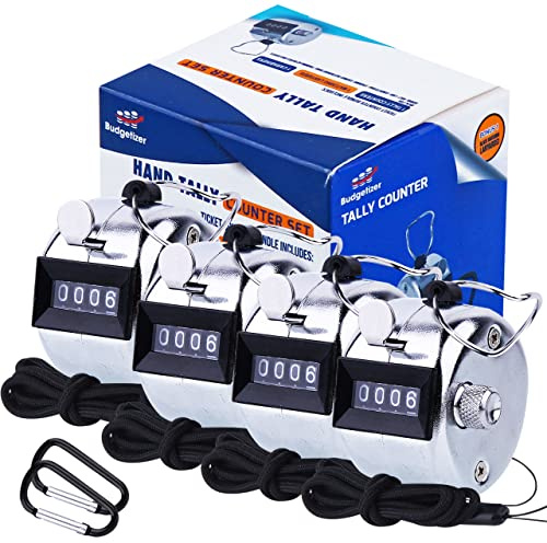 Hand Pitch Tally Counter Clicker–1 and 4 Pack METAL Handheld People Lap Counter Clickers with 1 Lanyard and 1 Carabiner – Manual Mechanical Silver Steel 4 Digit Number Finger Ring Click (4 Pack)