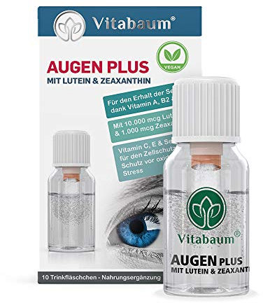 Vitabaum® Augen Plus mit 10.000 mcg Lutein und 1.000 mcg Zeaxanthin, Vitamin A, B2, Zink (Für den Erhalt der Sehkraft) 10 Trinkfläschchen à 10 ml, Vegan