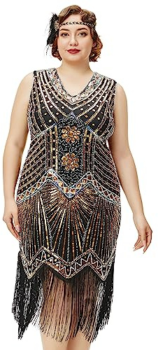 BABEYOND Robes de soirée pour Femmes - Grande Taille - Robe Gatsby des années 1920 dotée d'un col en V, de Perles et de Franges, doré, Taille 4XL